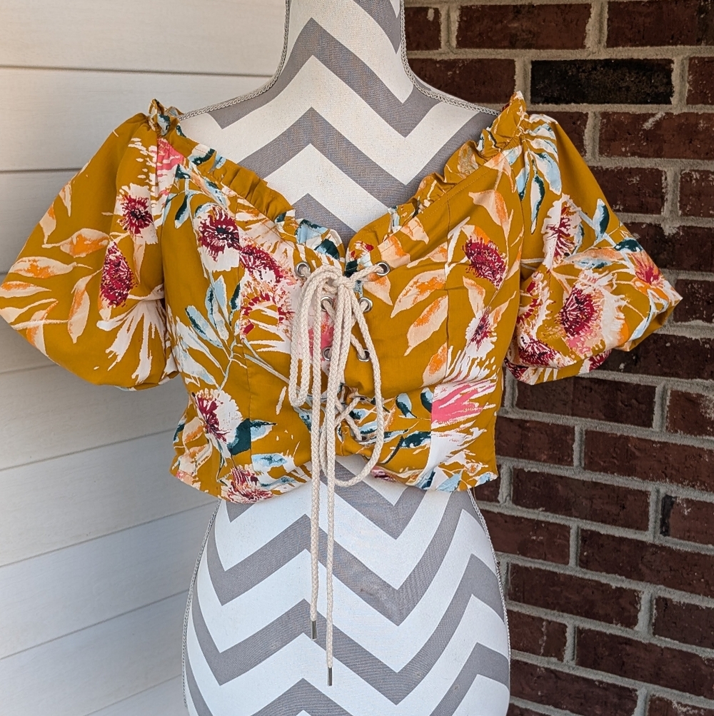 Miss Lili Floral Mustard Off-Shoulder Crop Top